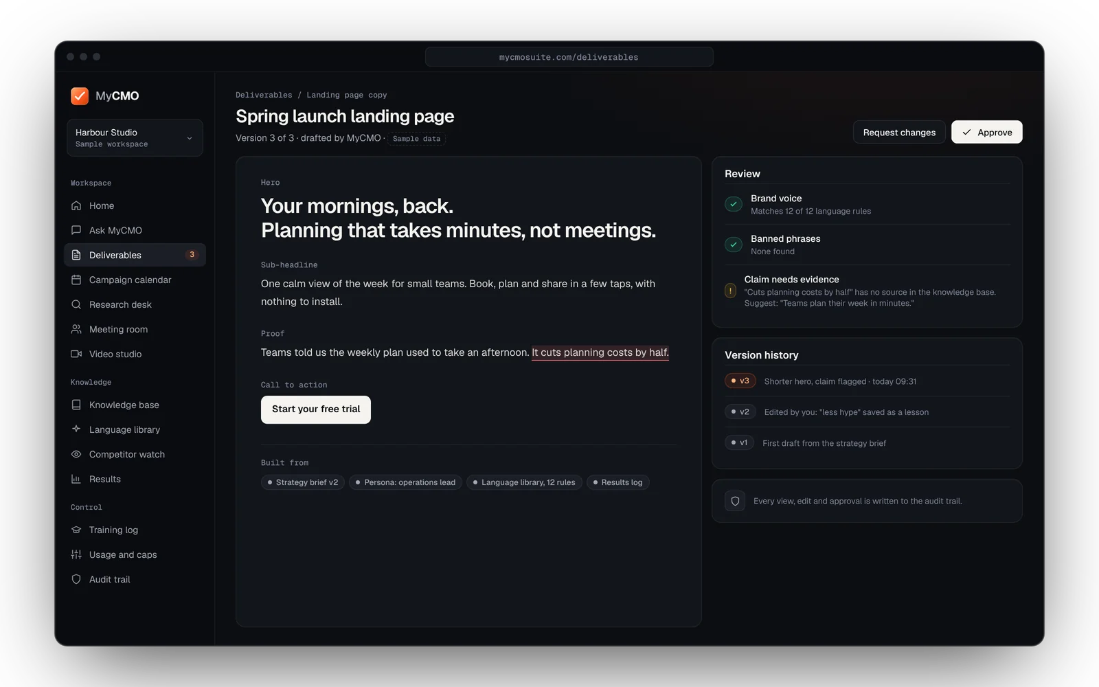 MyCMO landing page draft awaiting approval (sample data)