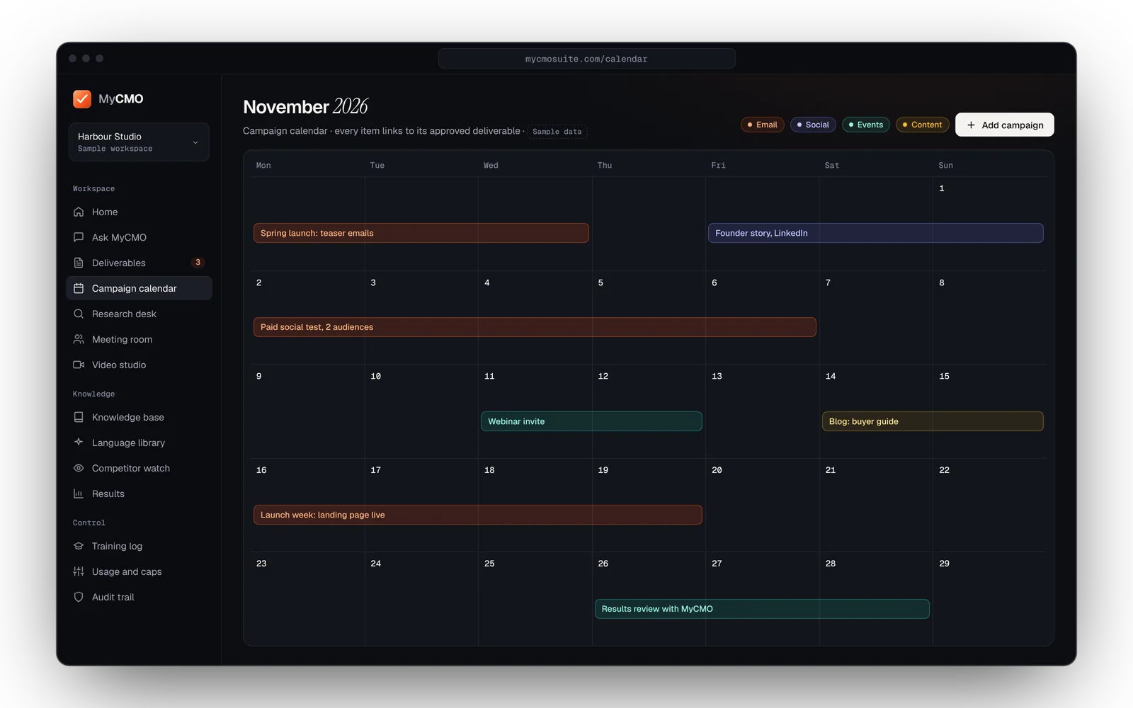 MyCMO campaign calendar (sample data)