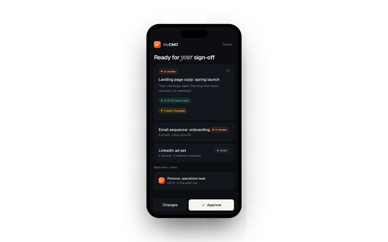 MyCMO on a phone, showing drafts ready for sign-off (sample data)
