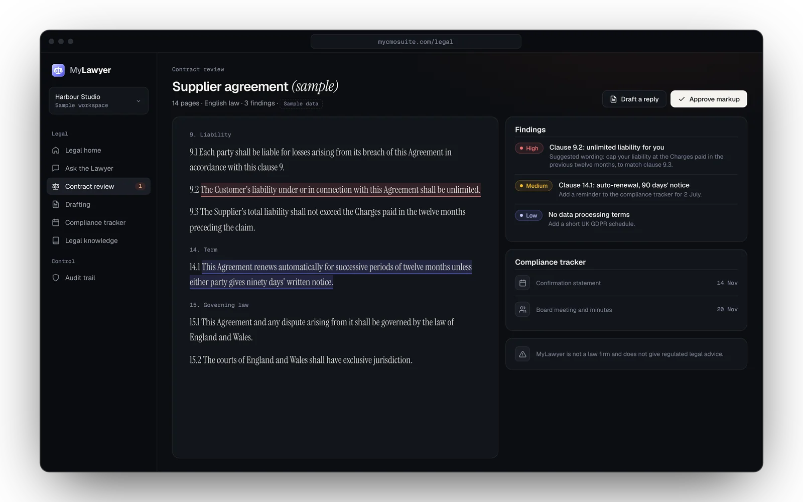 MyLawyer contract review (sample data)